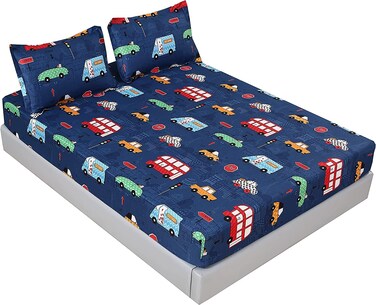 MAG 3Pcs Cartoon Car Fitted Bed Sheet,Queen Size Fitted Bed Sheet for Toddler Kids,Boys and Girls,Blue Color,1 Fitted Sheet and 2 Pillowcase (Queen, Blue).