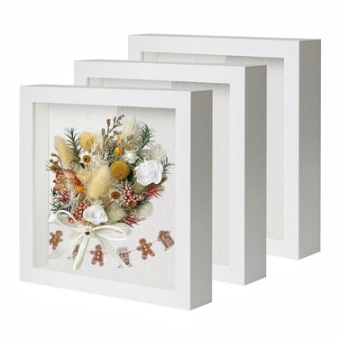 Muzilife 8x8 Shadow Box Picture Frame with Linen Board Deep Wood Glass Display Case Ready to Hang Sports Memorabilia, Pins, Awards, Medals, Wedding, Tickets and Baby Memory Photos, White, 3Pcs