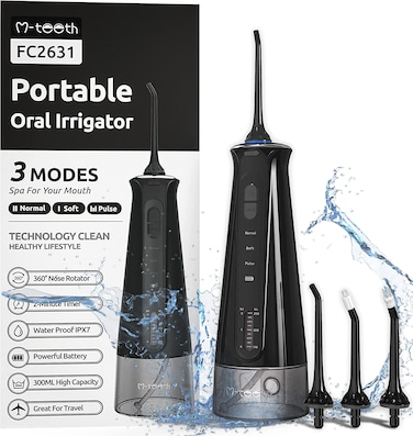 M-teeth Water Flosser Cordless, Dental Oral Irrigator with 3 Modes, 4 Jet Tips, Rechargeable Teeth Cleaner for Home Travel, Braces Care, 300ml Water Tank, IPX7 Waterproof, Black