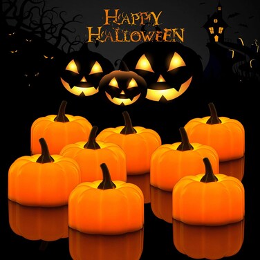 Halloween 12 Pack LED Pumpkin Lights, Jack-O'-Lantern, Small Orange Flickering Tea Lights, for Halloween, Fall Festival Decorations
