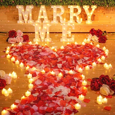 Fumete 4080 Pcs Marry Me Sign Proposal Decorations Lighted Marry Me Letters with 72 Pcs Romantic Heart Candles 4000 Pcs Rose Petals USB Romantic Night Light for Valentine Engagement Wedding(Yellow)
