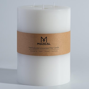 MOZEAL Extra Large 3 Wick White Pillar Candle, 6" x 6", Unscented, Dripless, Smokeless, and Clean-Burning. Approx. 160 Hours of Burn Time. Perfect for Weddings, Dinners, Christmas and Home Decor
