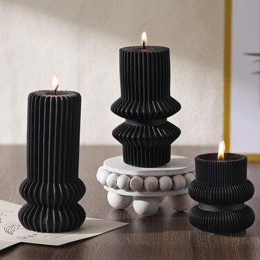 MTLEE 3 Pcs Small Ribbed Pillar Candles Scented Pillar Candle Decorative Candles Soy Wax Aesthetic Candle 4.7, 4.2, 3.2 in Height Modern Geometric Home Decor for Bathroom Living Room(Black)