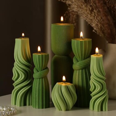 Threlaco 6 Pcs Small Pillar Candles Aesthetic Candle Modern Ribbed Candles Set Cute Soy Wax Scented Ribbed Candle Twirl Geometric Decorative Candles for Home Decor for Living Room Bathroom(Green)