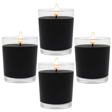 Unscented Black Votive Candles in Glass, 2 Inch Natural Soy Wax Scentless Candles for Halloween Wedding Party Home Holidays Relaxation Spa, 12-15 Hour Burning Time, 4 Packs