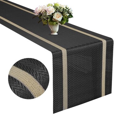FAVE Woven Vinyl Table Runner Black Table Runner Woven with Golden Threads 72x12 in Heat Resistant Table Runner Wipeable Waterproof Dining Table Runner (Table Runner-Black)