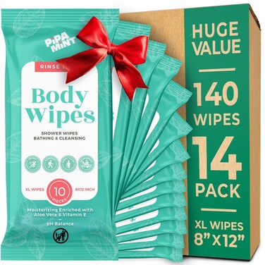 Body Wipes - (14 Pack) - 140 XL Bath Wipes for Adults No Rinse, Adult Wipes for Elderly - Body &amp; Face Gentle Skin Cleansing, Shower Wipes Bathing for Travel, Elderly, Car, Gym, Camping (8x12 Inch)