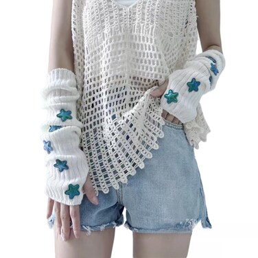 Y2K Women Teens Knitted Arm Warmers Japanese Harajuke Cosplay Star Lolita Cute Fingerless Mittens Thumb Hole Gloves (White)