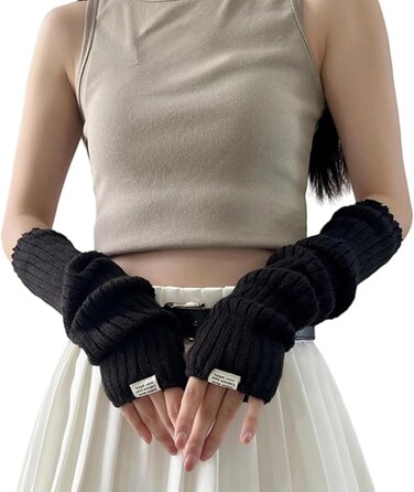 POHADON Fingerless Gloves for Women Long Sleeve Arm Warmers Y2k Cool Winter Arm Sleeves Grunge Accessories Alt Emo Clothes (Black,One Size)