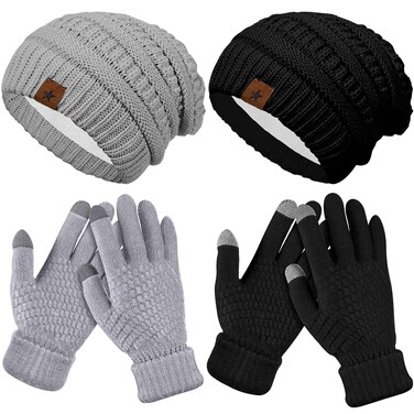Jeere 4 Pcs Women Winter Glove and Hat Set Women Winter Hat Touchscreen Gloves Warm Knitted Beanie Hats and Gloves for Women(Gray, Black)