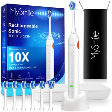 MySmile Electric Toothbrush for Adults, Rechargeable Sonic Electronic Toothbrush with 6 Brush Heads and Travel Case, 2 Mins 5 Modes Smart Timer, 48000VPM (White)