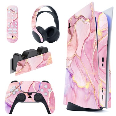 PlayVital Cosmic Pink Gold Marble Effect Full Set Skin Decal for ps5 Console Disc Edition, Sticker Cover for ps5 Controller &amp; Charging Station &amp; Headset &amp; Media Remote