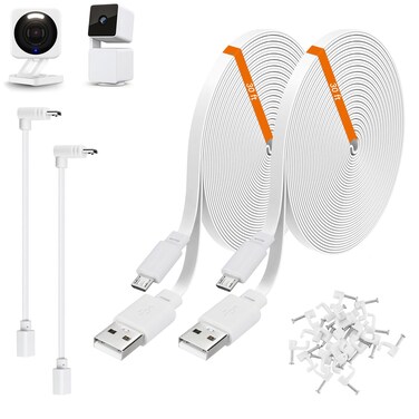 2 Pack 30ft Power Extension Cable Compatible with Wyze Cam v4,Wyze Cam Pan v3,Wyze OG,Wyze Cam v3 and v3 Pro Security Camera - 9m Long Flat USB to Micro USB Charging Cord with L-Shaped Adapter, White