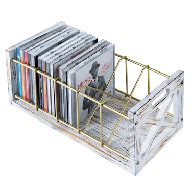 FARM IN DVD Storage,5-Slot Farmhouse Industrial DVD &amp; CD Storage，CD Holder Rack with Handles, Barn Door &ldquo;X-Cross&rdquo; Design,Washed White Solid Wood &amp; Gold Metal
