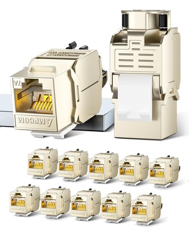 AMPCOM CAT7A Keystone Jack Ratchet Zip-tie Design, 10Gbps 1000Mhz Shielded Zinc-Alloy RJ45 Tool-Free Keystone Connector 12-Pack