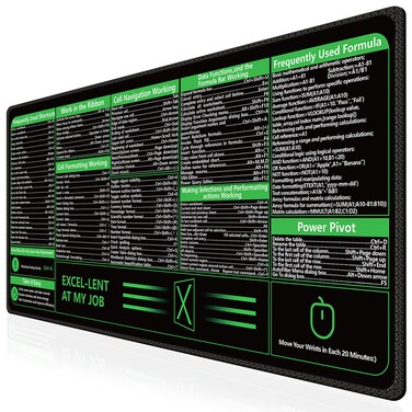 iCasso Excel Cheat Sheet Desk Pad,Excel Mouse Pad Shortcuts,Excel Shortcuts Cheat Sheet Keyboard Mat, Extended Large XXL Non-Slip Mousepad with Stitched Edges for Computer(Black Excel Shortcuts)