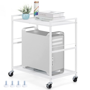 YBING Computer Tower Stand White PC Tower Stand 2 Tier CPU Holder Stand with Wheels Metal Mobile Computer Tower Cart Rolling PC Stand Floor for Fax Home Office