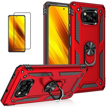 for Xiaomi Poco X3 NFC/ Poco X3 Pro Case with Screen Protector,Armor Military Protection Shockproof Defender Back Protective Cover Phone Case for xiaomi POCO X3 with Car Mount Ring Kickstand (Red)
