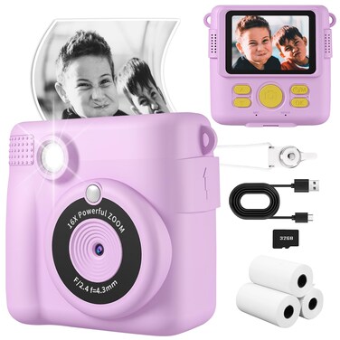 WEEFUN Kids Camera- Instant Print Camera 1080P 2.4 Inch Screen Digital Children Video Camcorder Camera with 16X Digital Zoom, 32GB TF Card Included Purple