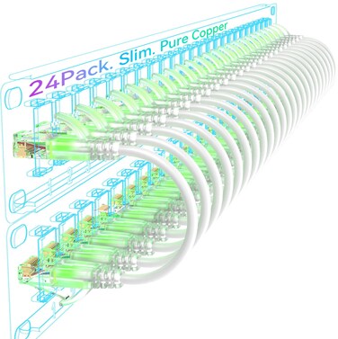 Sokqovt Cat6a Patch Cables Slim 0.5ft (24 Pack), Flexible Cat6 Ethernet Patch Cable 10G 550MHZ, 28AWG Pure Copper Cat6 Patch Cable for Network Cabinet, Cat 6 Patch Cable White