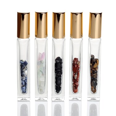 YWG Stone 10ml Gemstone Roller Square Bottles Refillable Roll On Bottles Healing Crystal Chips Inside For Perfumes Aromatherapy Oils 5pack