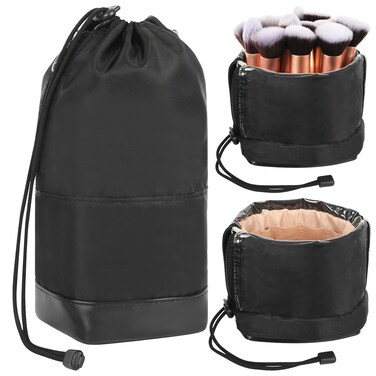 Makeup Brush Case Travel Makeup Brush Holder Large Makeup Brush Bag Professional Cosmetic Bag Artist Storage Bag Essentials Stand-up Foldable Makeup Cup Waterproof （Black, Large）