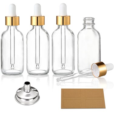 AOZITA 4 Pcs, 1 oz Golden Cap Clear Dropper Bottles (30ml) with 1 Funnel &amp; 4 Labels - Glass Tincture Bottles with Eye Droppers - Leakproof Essential Oil Bottles for Health, Personal Care &amp; Beauty