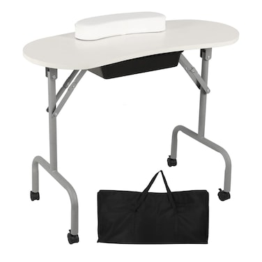 AGESISI Portable Manicure Table Foldable Nail Desk with Large Drawer Nail Tech Table for Technician Salon Workstation Client Wrist Cushion/Carry Bag/4 Lockable Wheels, 36-inch, White