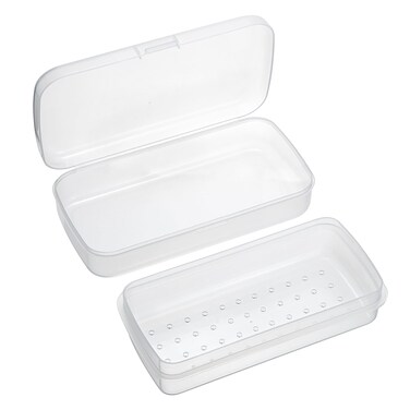 JUXYES Plastic Sterilizing Tray for Nail Art Accessories Tools, Portable Nail Art Tool Sterilizer Tray with Strainer, Fully Transparent Storage Box Organizer for Tweezer, Manicure Tools