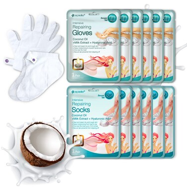 Epielle Intensive Repairing Hand Masks - 6 Pack   Deep Moisture Gloves for Dry, Cracked Hands   Enriched with Coconut Oil &amp; Milk Extract   Korean Skincare