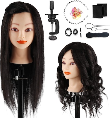 Mannequin Head with 100% Human Hair, TopDirect 18" Black Real Hair Cosmetology Mannequin Head Hair Styling Hairdressing Practice Training Doll Heads with Clamp Holder and Tools