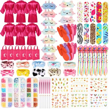 Suhine 6 Sets Girls Spa Birthady Party Supplies Birthday Print Satin Robe Tote Bags Spa Kit Nail Salon Kit(Rose Red)