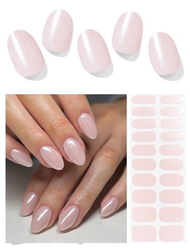 AutyaMee Semi Cured Gel Nail Strips (Glazed Donut Pink)-20 PCS Pearl Chrome Gel Nail Stickers   Gel Nail Wraps   UV Light Required, Salon Quality &amp; Easy To Use