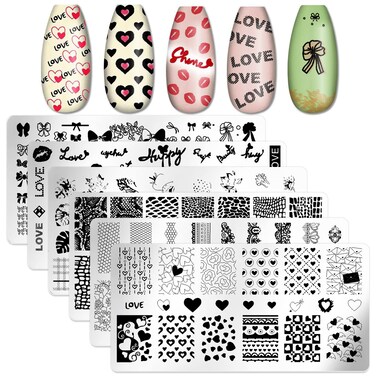 SILPECWEE 6 Pieces Nail Stamping Plate Valentine's Day Nail Stamps Heart Nail Art Stamping Kit Holiday Nail Template Plates Nail Art Supplies