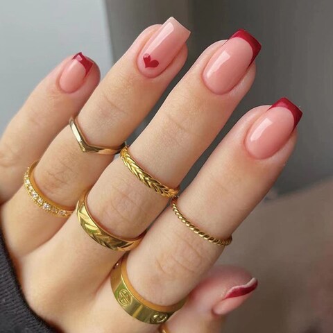 Valentine Press on Nails with Red French Nail Tips Design Heart Fake Nails Medium Square Nail for Women Girls Glitter Glossy Acrylic False Nail Kits Static Stick on Nails Reusable Full Cover 24Pcs