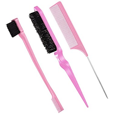 Geiserailie 3 Pcs Slick Back Hair Brush Set Bristle Hair Brush Edge Control Brush Teasing Comb for Women Black Hair (Light Pink)