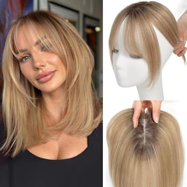 UDU Hair Toppers for Women Real Human Hair Toppers for Women with Thinning Hair Ombre Blonde Toppers Hair Pieses with Bangs Clip In Bangs Wiglets Hair Pieces for Women for Hair Loss Cover Gray Hair