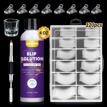 XIFEPFR Poly Gel Slip Solution Kit, 4oz Extension Gel Slip Solution Anti-stick Polygel Solution Liquid with 120pcs Dual Forms Nail Brush Clips Cup for Easy DIY Poly Gel Nail Art, Gifts for Women