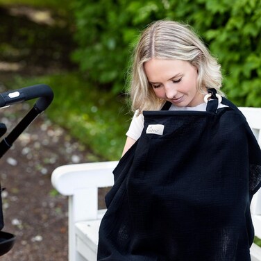 Nursing Cover for Baby Breastfeeding &amp; Pumping   Multi Use Car Seat Stroller Cover   Breathable Soft Muslin Cotton   Breast Feeding Apron &amp; Shawl by TISU (Black (Neutral))