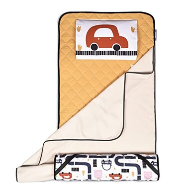 KRAND Kids Nap Mat with Washable Pillow and Blanket All-in-One Comfy Bedding for Toddler Boys &amp; Girls Preschool Daycare Cot,Features 100% Cotton Sleep Side and Elastic Straps-Busy Traffic