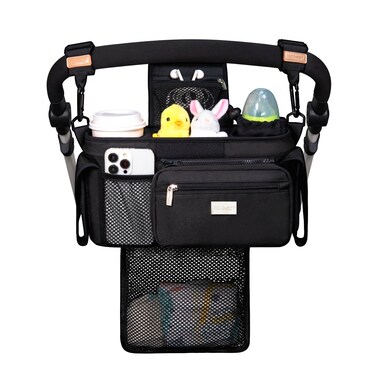 TOPDesign Universal Baby Stroller Organizer, Stroller Caddy with Detachable Mesh Bag &amp; Heightened Insulated Cup Holders &amp; Non-Slip Secure Hooks Accessories, Fits Most Strollers (Black)