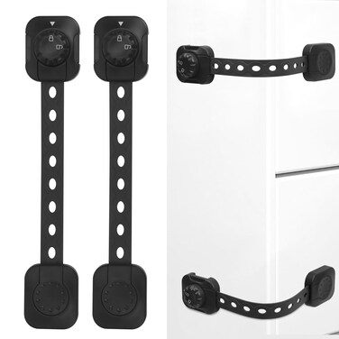 Songaa Child Safety Cabinets Strap Locks 2 Pack - Adjustable Baby Proofing Cabinet Latches for Drawers, Oven, Dishwasher, Fridge, Toilet Seat, Trash Can, with 3M Adhesive Pads - Black