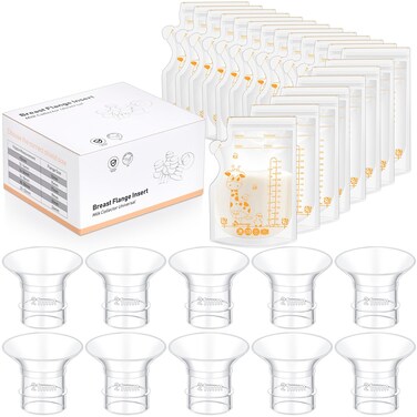 Threlaco 30 Pcs Flange Sizing Kit 10 Pcs Flange Inserts 13/15/17/19/21mm for 24mm Flange Shield of Most Pumps and 20 Pcs Breastmilk Storing Bags, Reduce 24mm to Other Size(13mm 15mm 17mm 19mm 21mm)