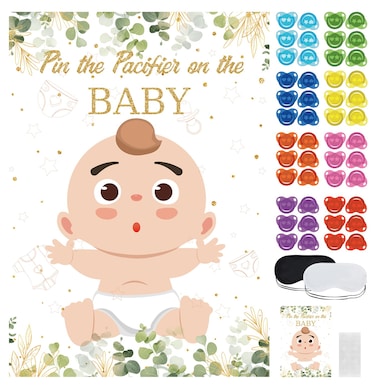 SietDESEO Pin The Pacifier on The Baby Game with 48 Pcs Pacifier Stickers Large Eucalyptus Baby Poster Games for Kids Birthday Baby Shower Party Supplies Pin The Pacifier Game