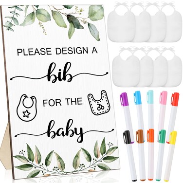 26 Pcs Baby Bibs and Game Set Baby Shower Game Sign 15 White Feeder Bibs 10 Fabric Markers for Gender Reveal (Green Leaves)