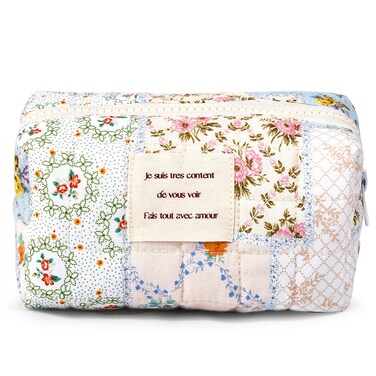 Sminra Floral Small Makeup Bag, Cute Cotton Quilted Cosmetic Bag Pouch Organizer, Aesthetic Coquette Preppy Portable Purse Toiletry Bag for Women Girls Travel accessoriess (Blue Floral-S)