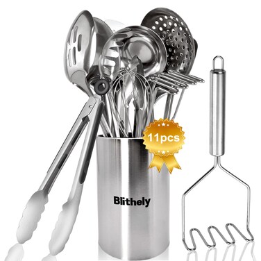 Cooking Utensils Set 11Pcs - Stainless Steel Kitchen Utensils Set with Holder, Heat Resistant Metal Spatula Set Utensils Set for Cooking with Turners, Masher, Skimmer, Spoons, Ladle, Tongs, Whisk