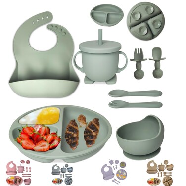 Mutualproducts - Baby Feeding Set 10-Piece   Baby Led Weaning Utensils Set Includes Suction Bowl and Plate, Baby Spoon and Fork, Sippy Cup, Straw, Lid &amp; 2Bibs   Baby Feeding Supplies (Army Green)