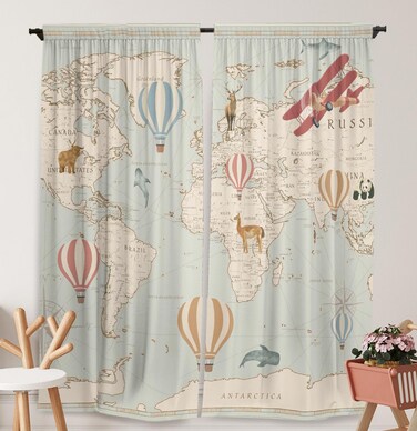 Yilinata World Map Window Curtains Hot Air Balloon Cruise Grand Tour Curtain Drape for Bathroom and Bedroom Living Room Windows Decor Durable Fabric 84 in X 84 in