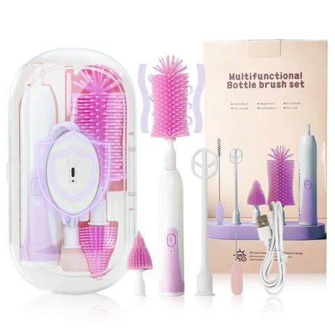 Electric Bottle Brush,Electric Baby Bottle Brush Set with Silicone Bottle/Pacifier/Straw Brush and Mixing Head, Water Bottle Cleaner Brush with Drying Rack, 2 Modes &amp; 360&deg; Rotation (Purple)